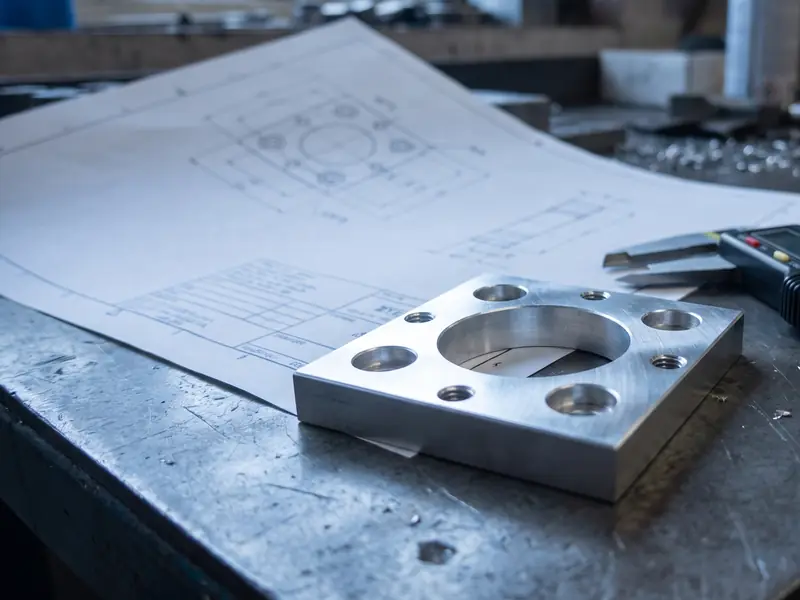 A finished machined plate resting on its engineering drawing