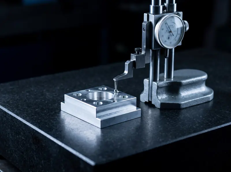 A dial height gauge checking a machined block on a granite surface plate